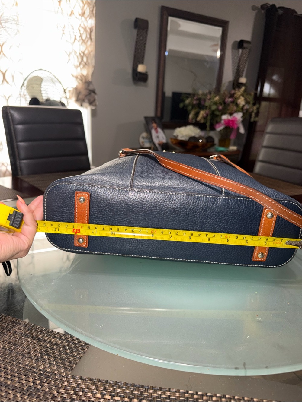 Dooney & Bourke Navy Pebbled Leather Tote with Brown Straps - Picture 6 of 9
